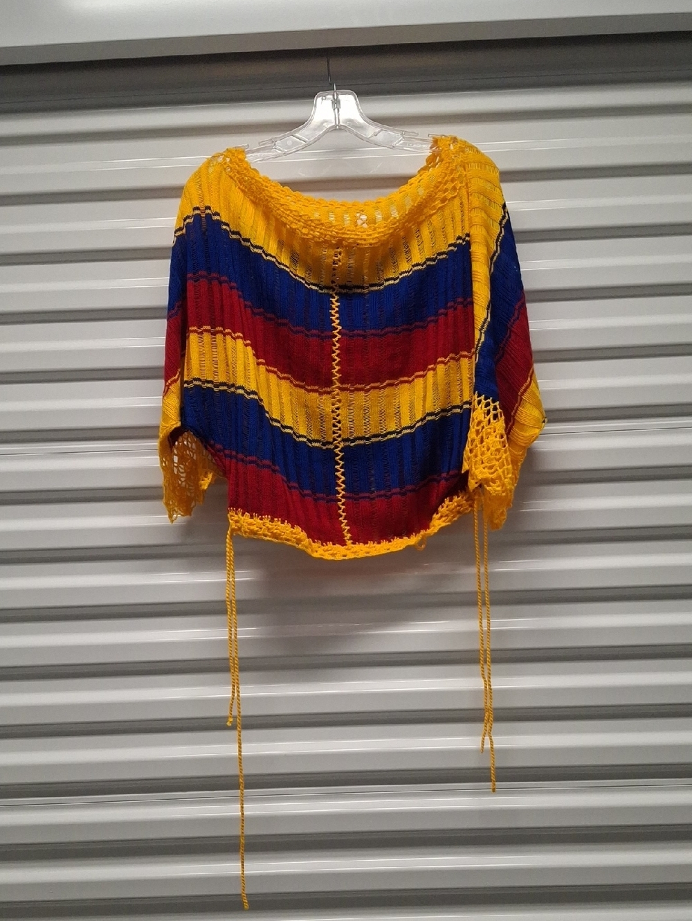 Striped Crochet Off-the-Shoulder Sweater in Yellow, Red & Blue